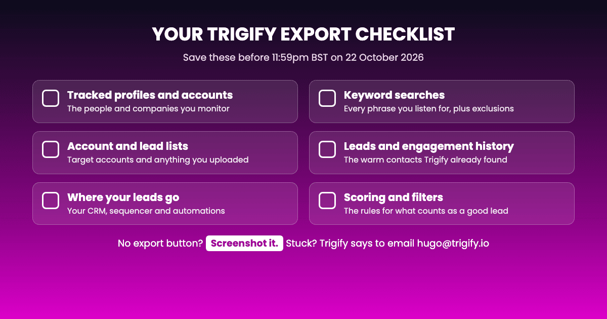 Trigify export checklist: what to export and what to screenshot before 22 October 2026